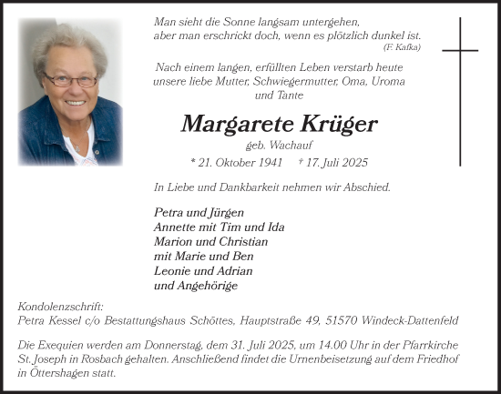 Anzeige von Margarete Krüger von  Lokalanzeiger 