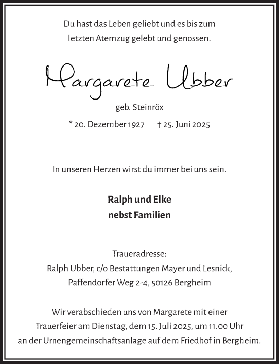 Anzeige von Margarete Ubber von  Werbepost 