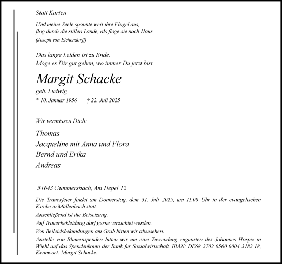 Anzeige von Margit Schacke von Kölner Stadt-Anzeiger / Kölnische Rundschau / Express