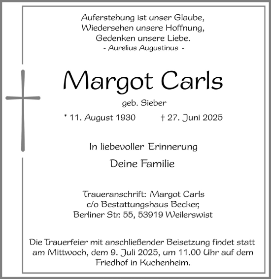 Anzeige von Margot Carls von  Blickpunkt Euskirchen 