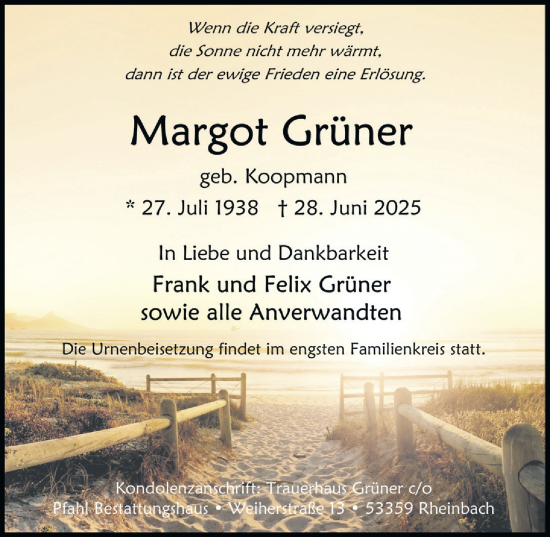 Anzeige von Margot Grüner von  Schaufenster/Blickpunkt 