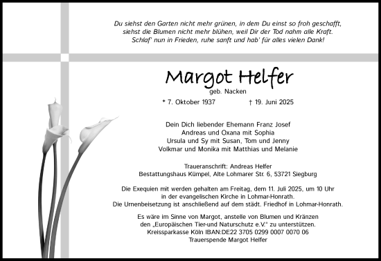Anzeige von Margot Helfer von Kölner Stadt-Anzeiger / Kölnische Rundschau / Express