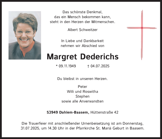 Anzeige von Margret Dederichs von Kölner Stadt-Anzeiger / Kölnische Rundschau / Express