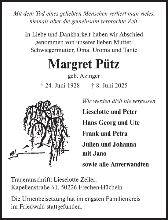 Anzeige von Margret Pütz von  Wochenende 