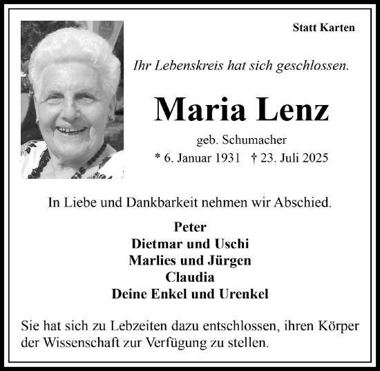 Anzeige von Maria Lenz von  Wochenende 