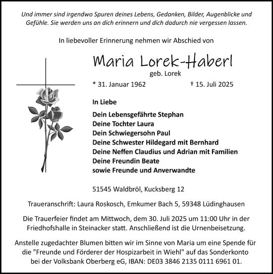 Anzeige von Maria Lorek-Haberl von  Anzeigen Echo 