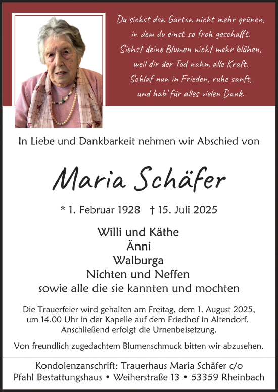 Anzeige von Maria Schäfer von  Schaufenster/Blickpunkt 