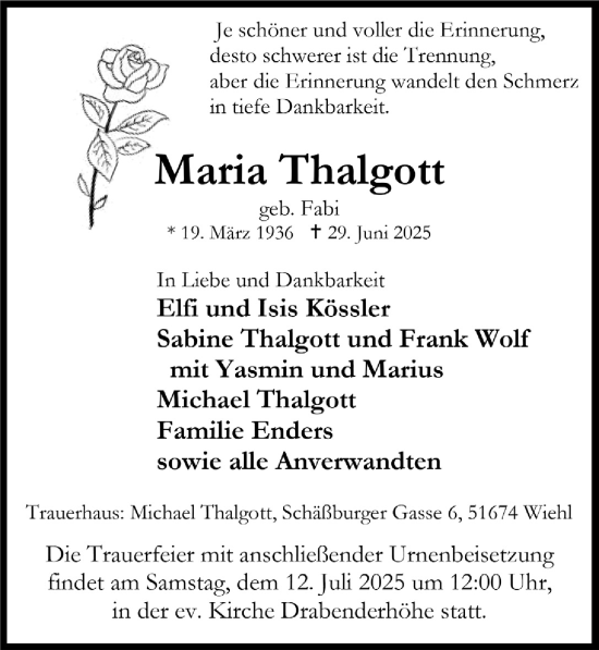 Anzeige von Maria Thalgott von  Anzeigen Echo 