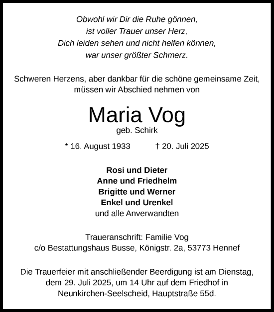 Anzeige von Maria Vog von Kölner Stadt-Anzeiger / Kölnische Rundschau / Express