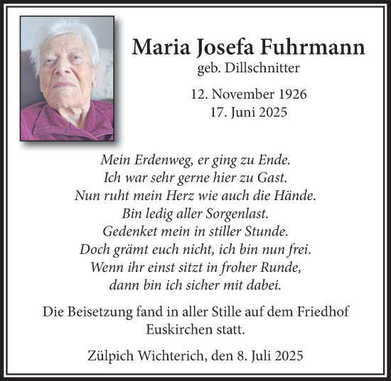 Anzeige von Maria Josefa Fuhrmann von  Blickpunkt Euskirchen 