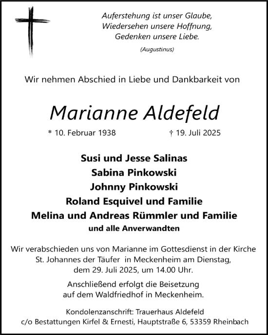 Anzeige von Marianne Aldefeld von  Schaufenster/Blickpunkt 