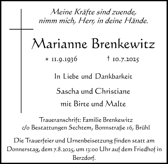 Anzeige von Marianne Brenkewitz von  Wochenende 