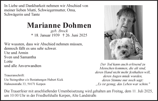 Anzeige von Marianne Dohmen von  Werbepost 