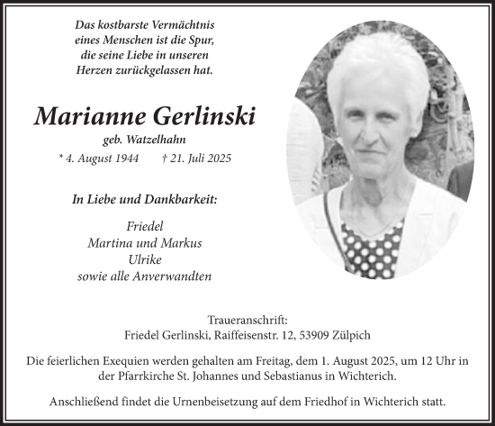 Anzeige von Marianne Gerlinski von  Blickpunkt Euskirchen 
