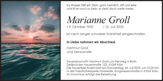 Anzeige von Marianne Groll von Kölner Stadt-Anzeiger / Kölnische Rundschau / Express