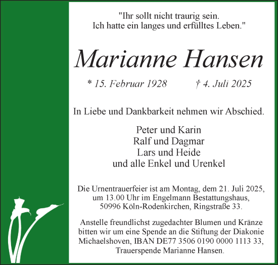 Anzeige von Marianne Hansen von Kölner Stadt-Anzeiger / Kölnische Rundschau / Express
