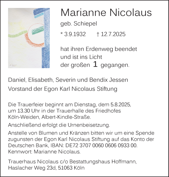 Anzeige von Marianne Nicolaus von Kölner Stadt-Anzeiger / Kölnische Rundschau / Express