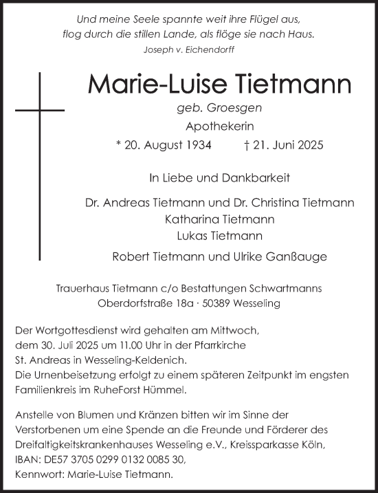 Anzeige von Marie-Luise Tietmann von  Schlossbote/Werbekurier 