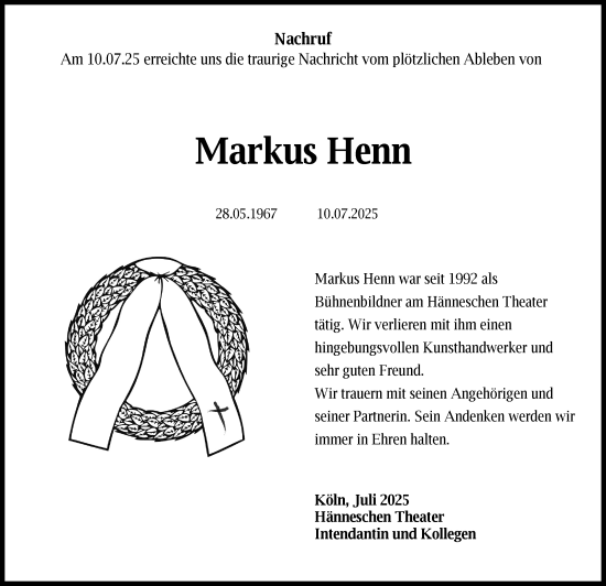 Anzeige von Markus Henn von Kölner Stadt-Anzeiger / Kölnische Rundschau / Express