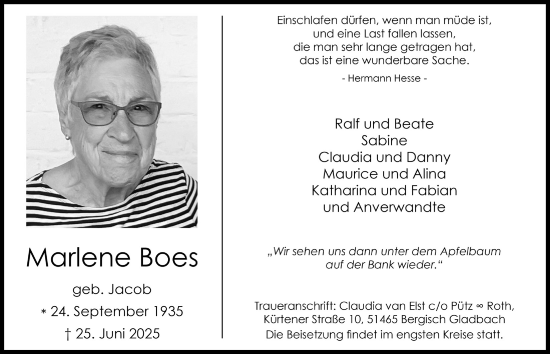 Anzeige von Marlene Boes von  Bergisches Handelsblatt 