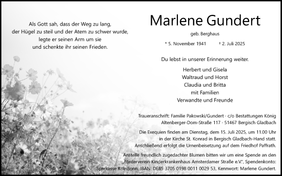 Anzeige von Marlene Gundert von Kölner Stadt-Anzeiger / Kölnische Rundschau / Express
