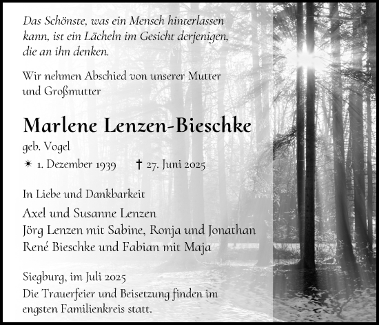 Anzeige von Marlene Lenzen-Bieschke von Kölner Stadt-Anzeiger / Kölnische Rundschau / Express
