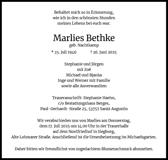 Anzeige von Marlies Bethke von Kölner Stadt-Anzeiger / Kölnische Rundschau / Express