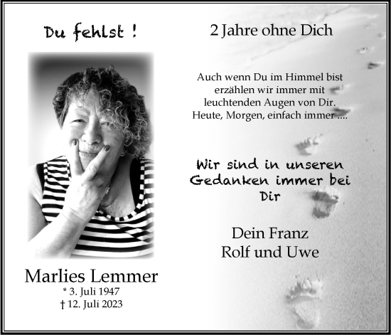 Anzeige von Marlies Lemmer von Kölner Stadt-Anzeiger / Kölnische Rundschau / Express