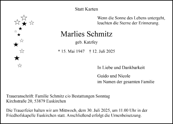 Anzeige von Marlies Schmitz von  Blickpunkt Euskirchen 