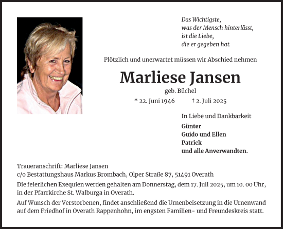 Anzeige von Marliese Jansen von Kölner Stadt-Anzeiger / Kölnische Rundschau / Express