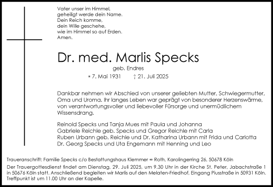 Anzeige von Marlis Specks von Kölner Stadt-Anzeiger / Kölnische Rundschau / Express