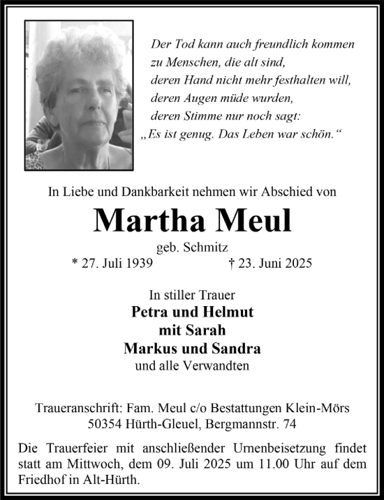 Anzeige von Martha Meul von  Wochenende 