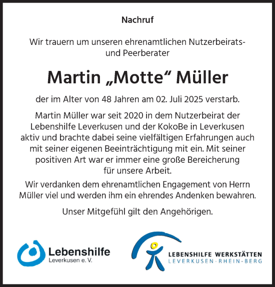 Anzeige von Martin Müller von Kölner Stadt-Anzeiger / Kölnische Rundschau / Express