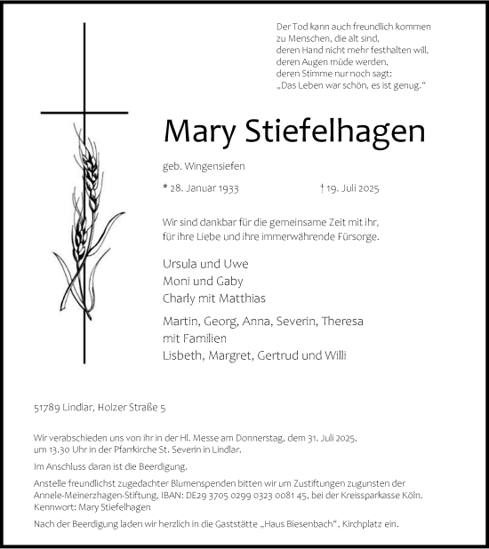 Anzeige von Mary Stiefelhagen von Kölner Stadt-Anzeiger / Kölnische Rundschau / Express