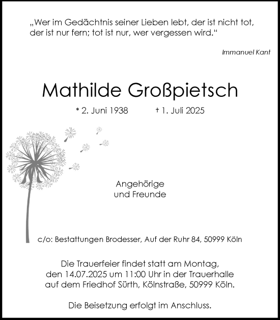 Anzeige von Mathilde Großpietsch von Kölner Stadt-Anzeiger / Kölnische Rundschau / Express