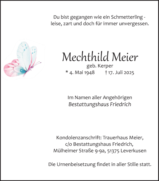 Anzeige von Mechthild Meier von Kölner Stadt-Anzeiger / Kölnische Rundschau / Express