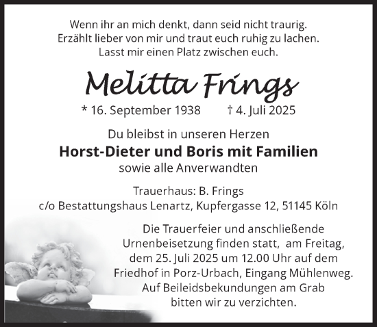 Anzeige von Melitta Frings von  EXPRESS - Die Woche 