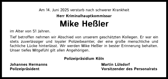 Anzeige von Mike Heßler von Kölner Stadt-Anzeiger / Kölnische Rundschau / Express