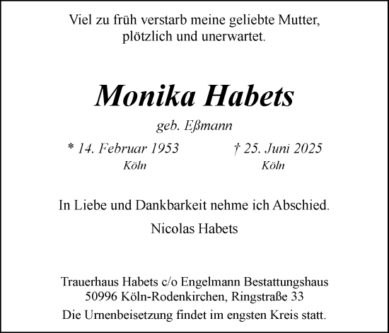 Anzeige von Monika Habets von Kölner Stadt-Anzeiger / Kölnische Rundschau / Express