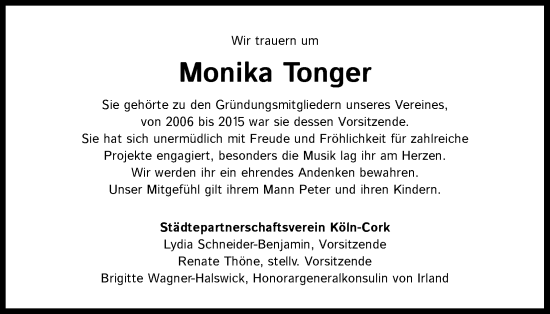 Anzeige von Monika Tonger von Kölner Stadt-Anzeiger / Kölnische Rundschau / Express