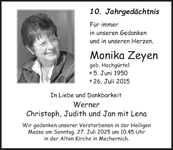 Anzeige von Monika Zeyen von  Blickpunkt Euskirchen 