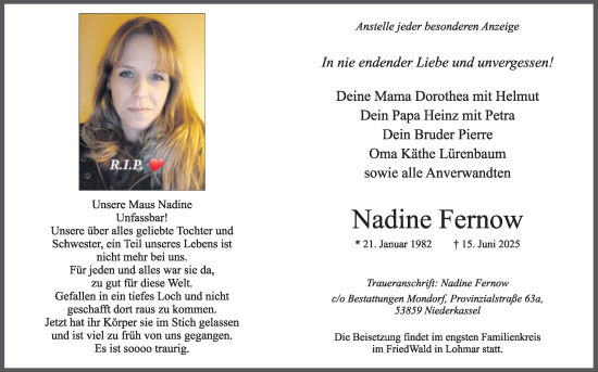 Anzeige von Nadine Fernow von Kölner Stadt-Anzeiger / Kölnische Rundschau / Express