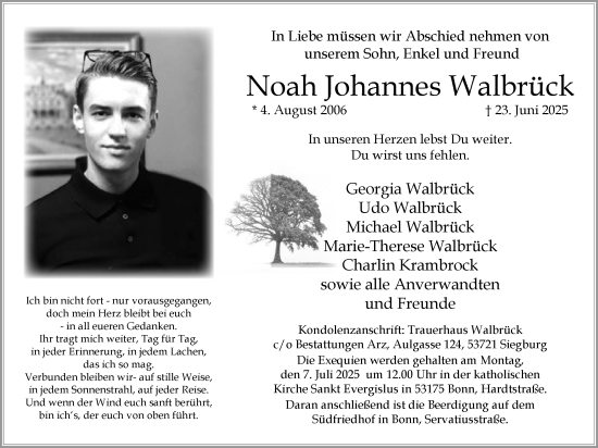 Anzeige von Noah Johannes Walbrück von Kölner Stadt-Anzeiger / Kölnische Rundschau / Express