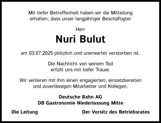 Anzeige von Nuri Bulut von Kölner Stadt-Anzeiger / Kölnische Rundschau / Express