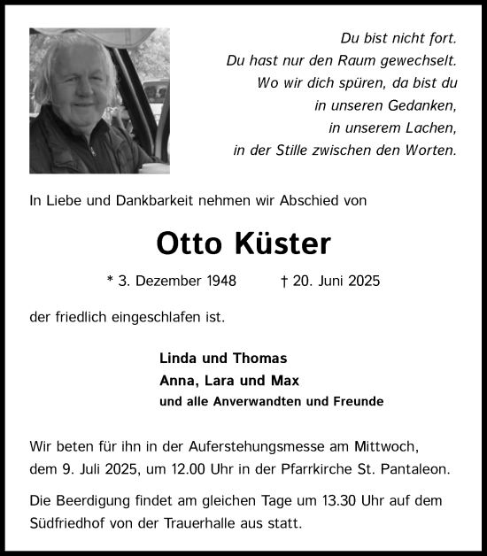 Anzeige von Otto Küster von Kölner Stadt-Anzeiger / Kölnische Rundschau / Express