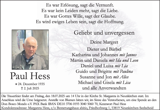 Anzeige von Paul Hess von Kölner Stadt-Anzeiger / Kölnische Rundschau / Express