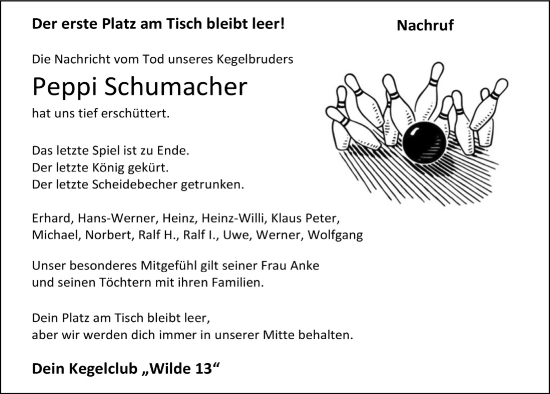 Anzeige von Peppi Schumacher von  Extra Blatt 
