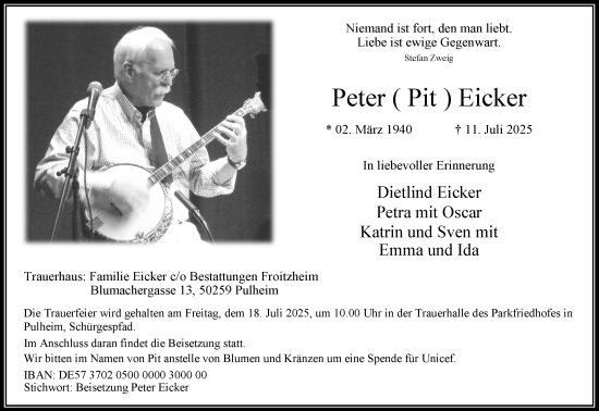 Anzeige von Peter Eicker von Kölner Stadt-Anzeiger / Kölnische Rundschau / Express