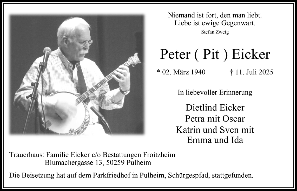  Traueranzeige für Peter Eicker vom 18.07.2025 aus  Wochenende 