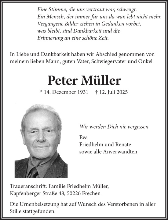 Anzeige von Peter Müller von  Wochenende 